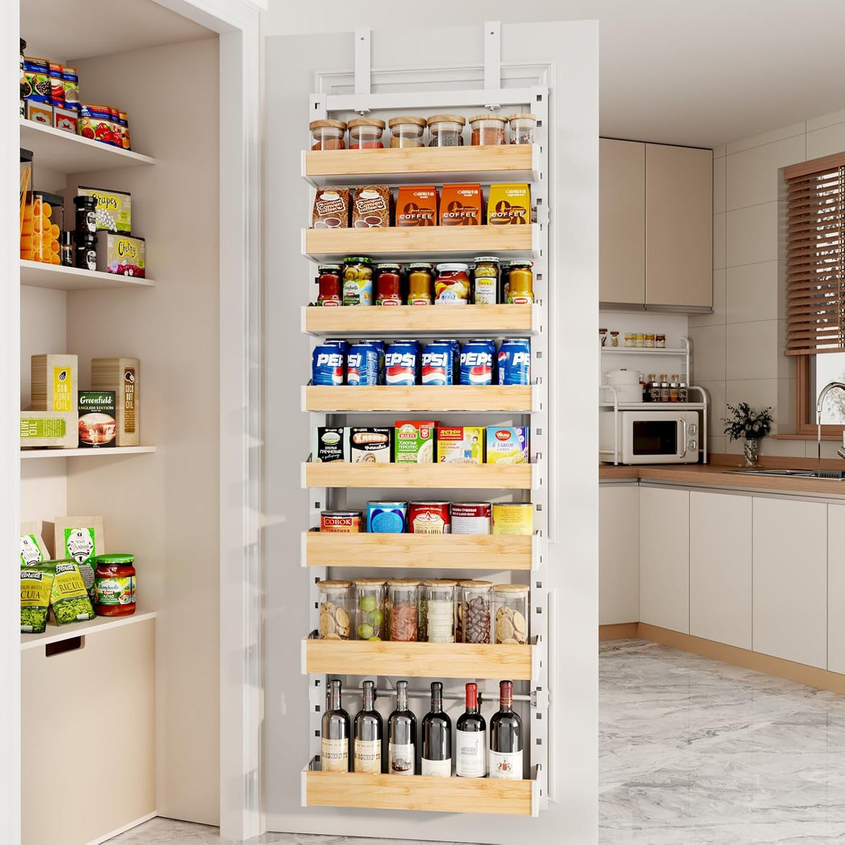 8-Tier Over The Door Pantry Organizer, Heavy-Duty Metal Wall Mount or Hanging Spice Rack, behind the door storage Shelves with Adjustable Basket, Back of Door Organizer for Kitchen Cabinet and Closet
