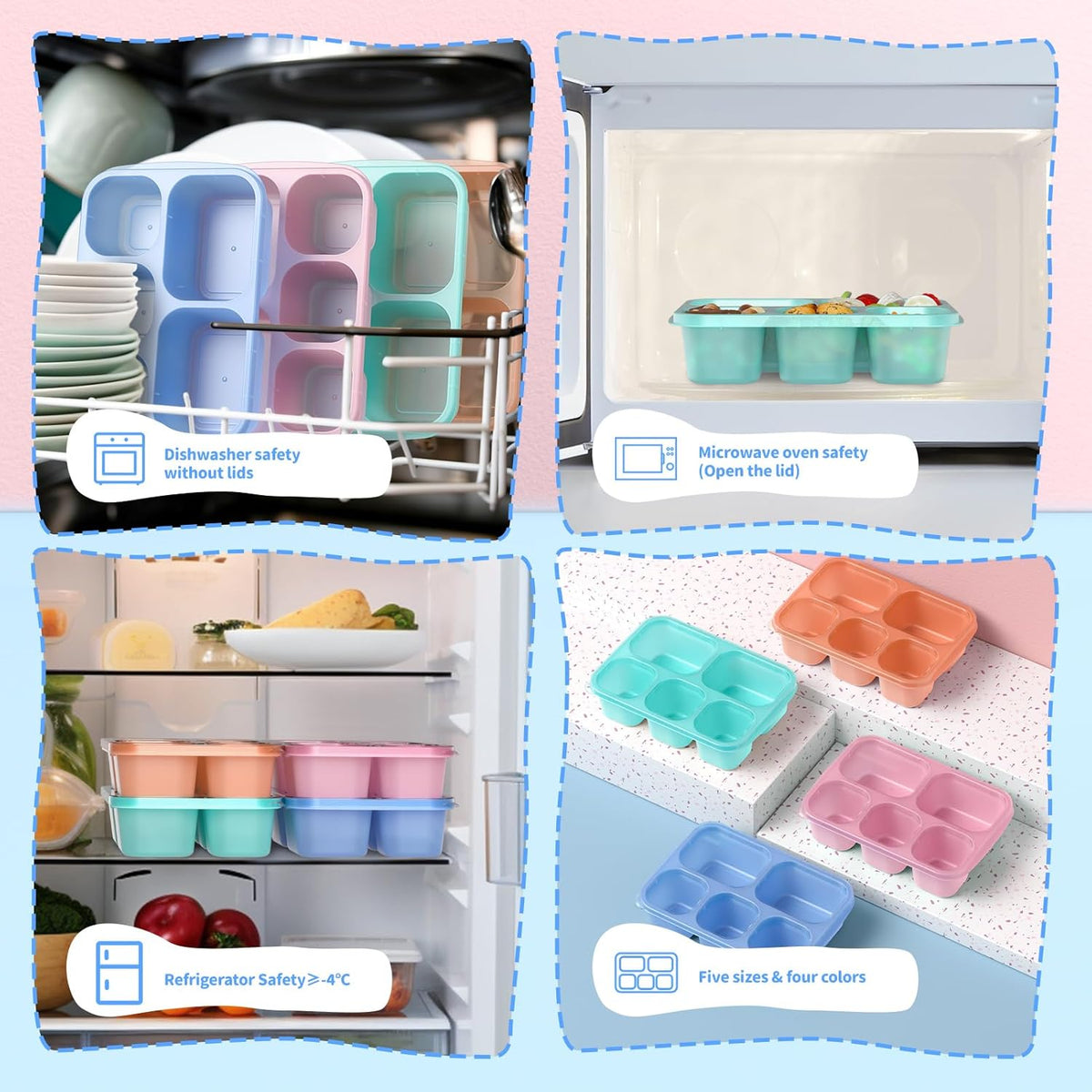 Bento Box Adult Lunch Box - 4 Pack, 5 - Compartment Meal Prep Container for Kids, Reusable Food Storage Snack Containers - Stackable for School, Work, and Travel (Wheat(Green/Blue/Pink/Beige))