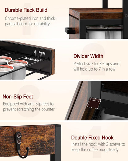 Evermagin K Cup Holder, 35 Pod Capacity, Coffee Pod Holder Compatible with Keurig, Coffee Station Organizer for Countertop with Cup Rack, Rustic Brown
