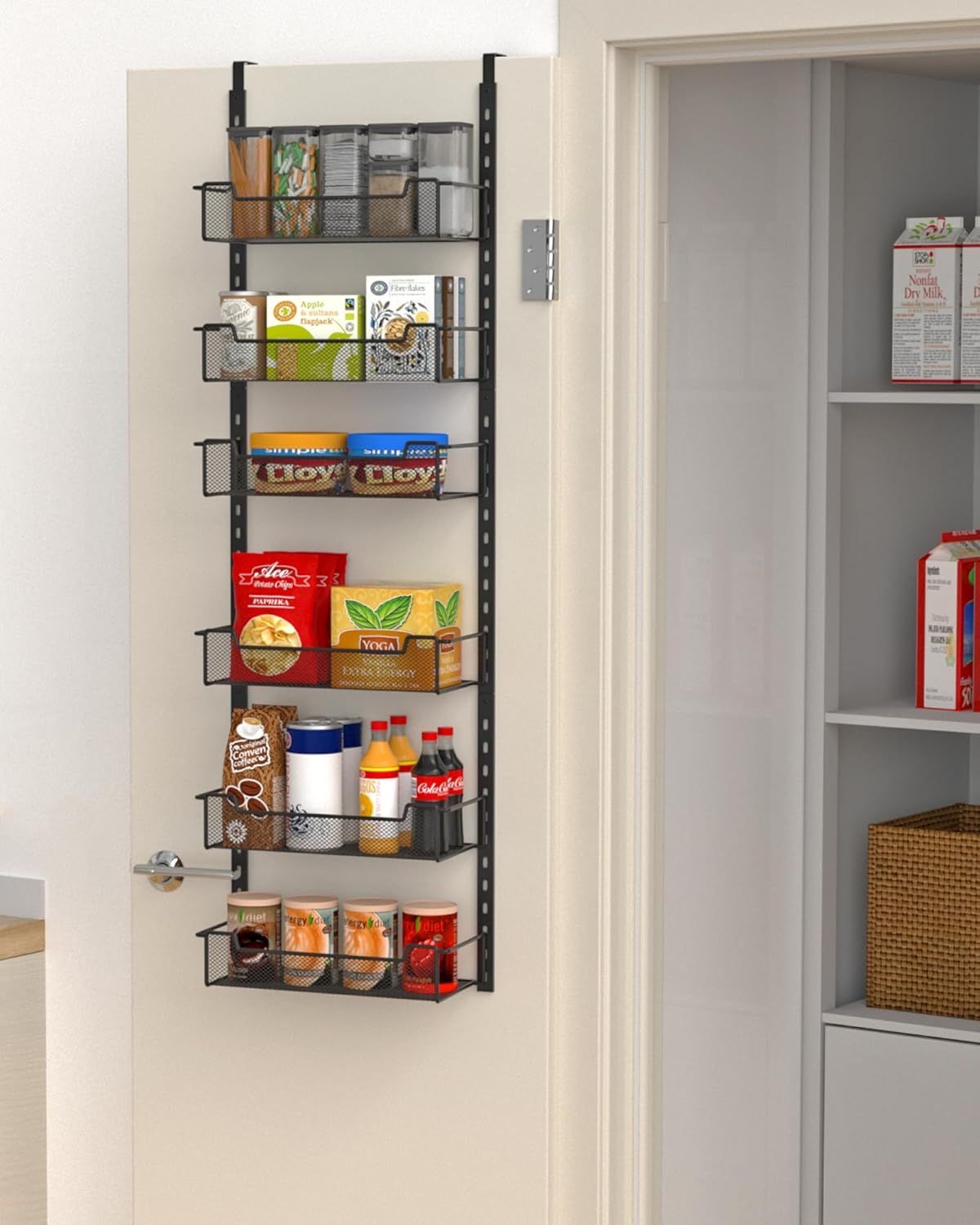 VyGrow 12.3" W Narrow Over the Door Pantry Organizer, 6-Tier Over the Door Organizer with Adjustable Basket, Pantry Door Organization for Pantry Kitchen Storage Room Spice Rack, White