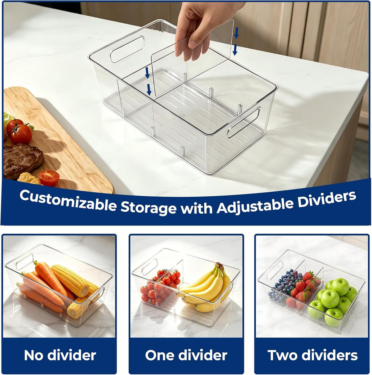 Pantry Organizers and Storage, Food Storage Containers with 3 Removable Divider for Kitchen, Fridge, Cabinet Organization, Clear Plastic Storage Bins for Snacks, Spice Packets, Packets, Pouches