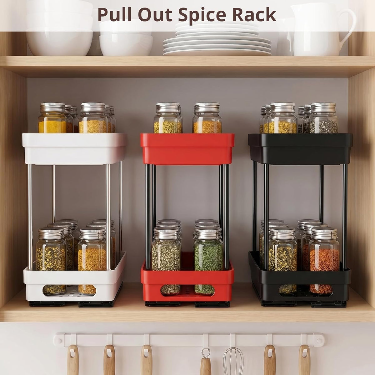 Pull Out Spice Rack Organizer for Cabinet, Slide Out Spice Racks Organizer, Spice Cabinet Organizers, Cabinet Size Need:12'' Highx11'' Deepx5'' Wide,Hold 10 Spice Jar Each Tier-2Tier, Black
