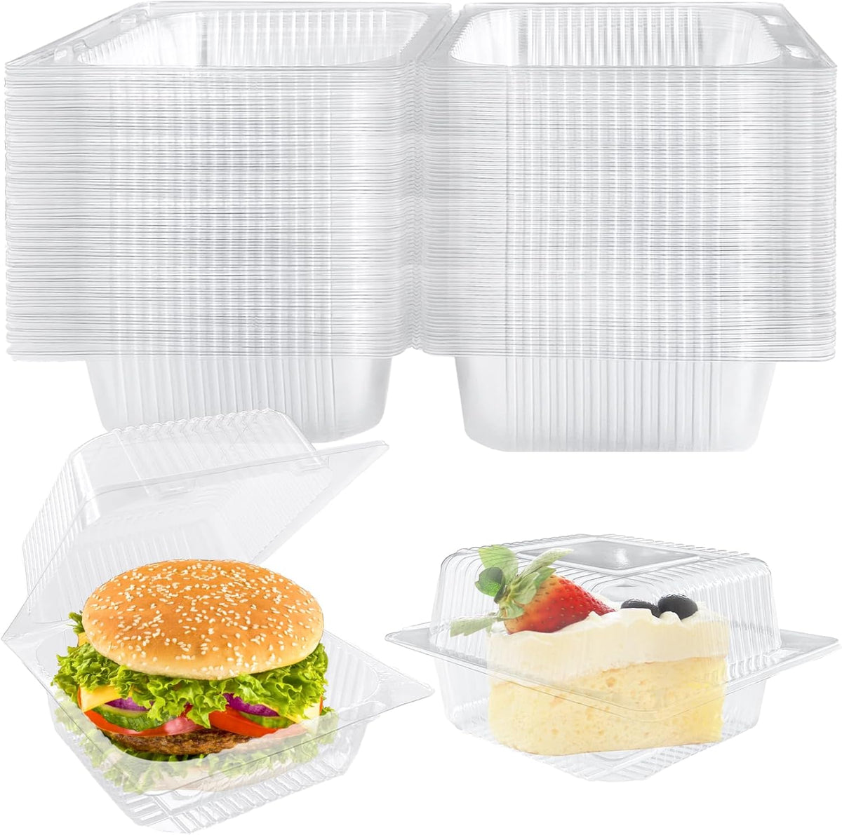 Jizvxe 100 Pack Clear Plastic Square Hinged Food Container,Disposable Plastic To Go Containers with Clear Lids,Cake Slice Containers Clamshell Takeout Tray for Pastry,Salad,Dessert(5.1"x 4.7"x 2.8")
