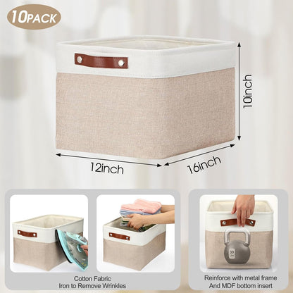 Uiifan 10 Pcs Collapsible Storage Bins Fabric Foldable Storage Basket with Handles Cloth Organizer Linen Shelf Baskets for Shelves Home Closet Nursery Toys(16 x 12 x 10 Inch,Gray and White)