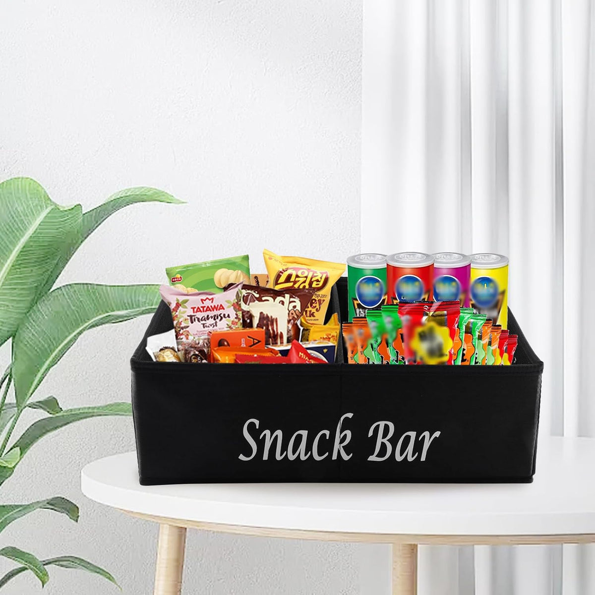 Snack Organizer for Countertop, Fabric Snack Organizer with Handles, 2 Large Compartment Snack Container Snack Basket, Snack Bar Station Decor, Kitchen Pantry Organizer and Storage, Black