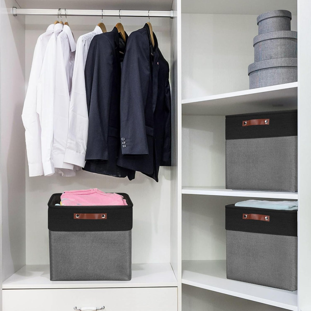 Bagnizer Large Fabric Storage Baskets | 50L Storage Bins, Decorative Linen Closet Baskets with Handles for Organizing, Shelf, Toys, Clothes, Home, Office, Nursery, 17x12x15Inches (Grey&White)