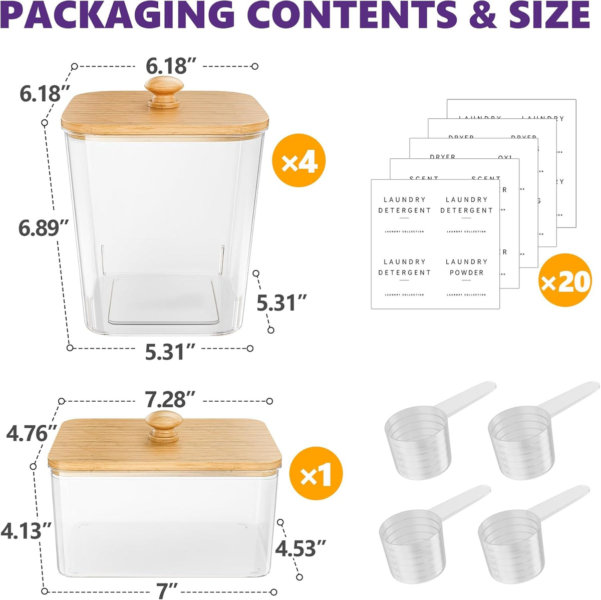 4 Pack Laundry Pods Container, Clear Laundry Room Organization Containers Essentials, Large Detergent Powder Storage Containers Black Wooden Lids & Labels Signs, Home Acrylic Laundry Pods Holder
