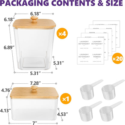 4 Pack Laundry Pods Container, Clear Laundry Room Organization Containers Essentials, Large Detergent Powder Storage Containers Black Wooden Lids & Labels Signs, Home Acrylic Laundry Pods Holder