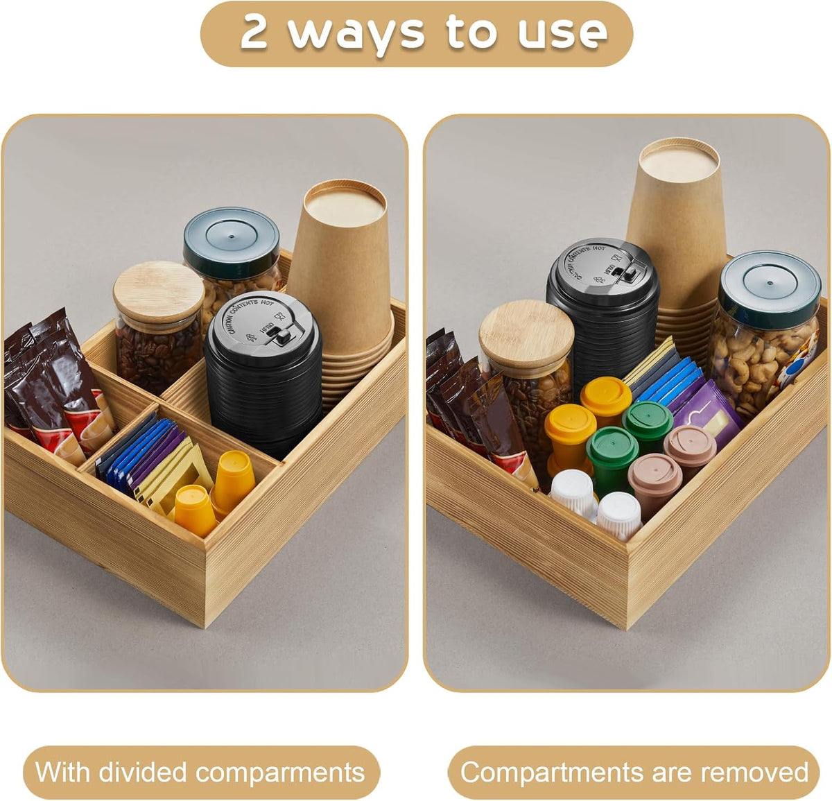 ALELION Coffee Station Organizer - Wood Countertop Accessories Organizer with Removable Dividers for Pods Condiment Syrup Tea Cups Stirrers - for Farmhouse Coffee Bar Decor