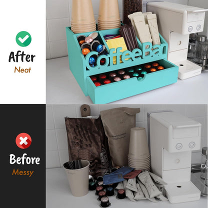 Coffee Bar Organizer for Countertop – Wooden Coffee Caddy with Compartments for Pods, Sugar Packets, and Accessories – Coffee Condiment Station Storage for Home and Office (Black)