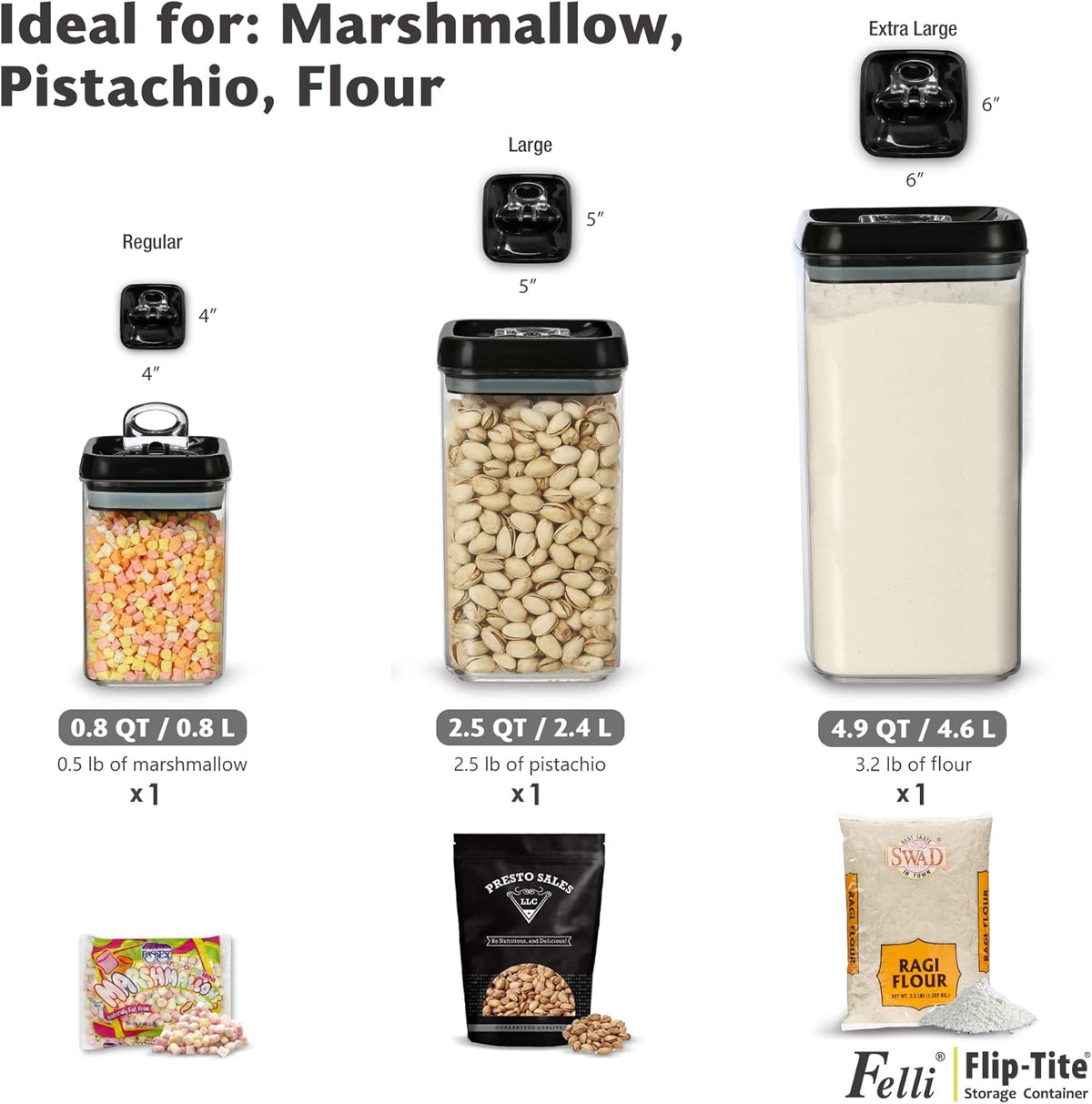 Felli Flip Tite Storage Container with Built-In Spoon & Airtight Lid 5” Large-M Ring Flip Top, Stackable Acrylic Canister for Sugar Flour Powder, Kitchen Pantry Organizer (1.8qt), 2 spoons