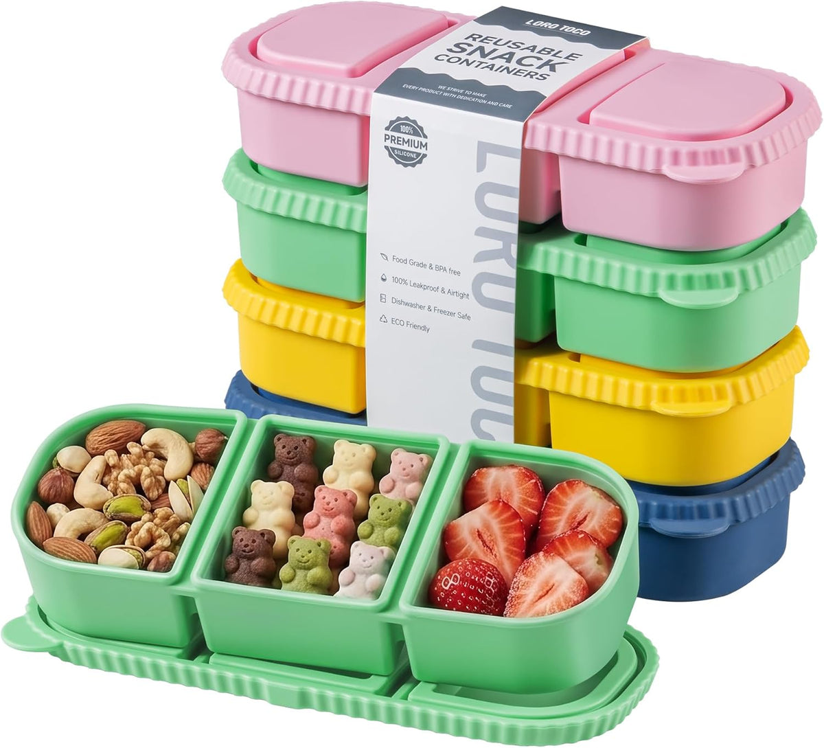 Silicone Reusable Snack Containers with Lids - 8 oz Double Compartment Snackle Box for Kids & Adults, BPA-Free & Leakproof, Small for Dressing, Snacks, School, Office, Picnic