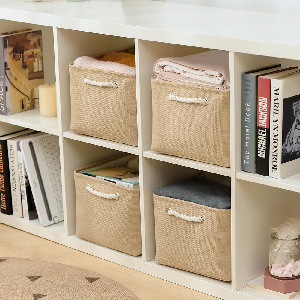 Fabric Storage Bins 12x8x5 inch [6-Pack] with Rope Handles - Decorative Baskets for Organizing