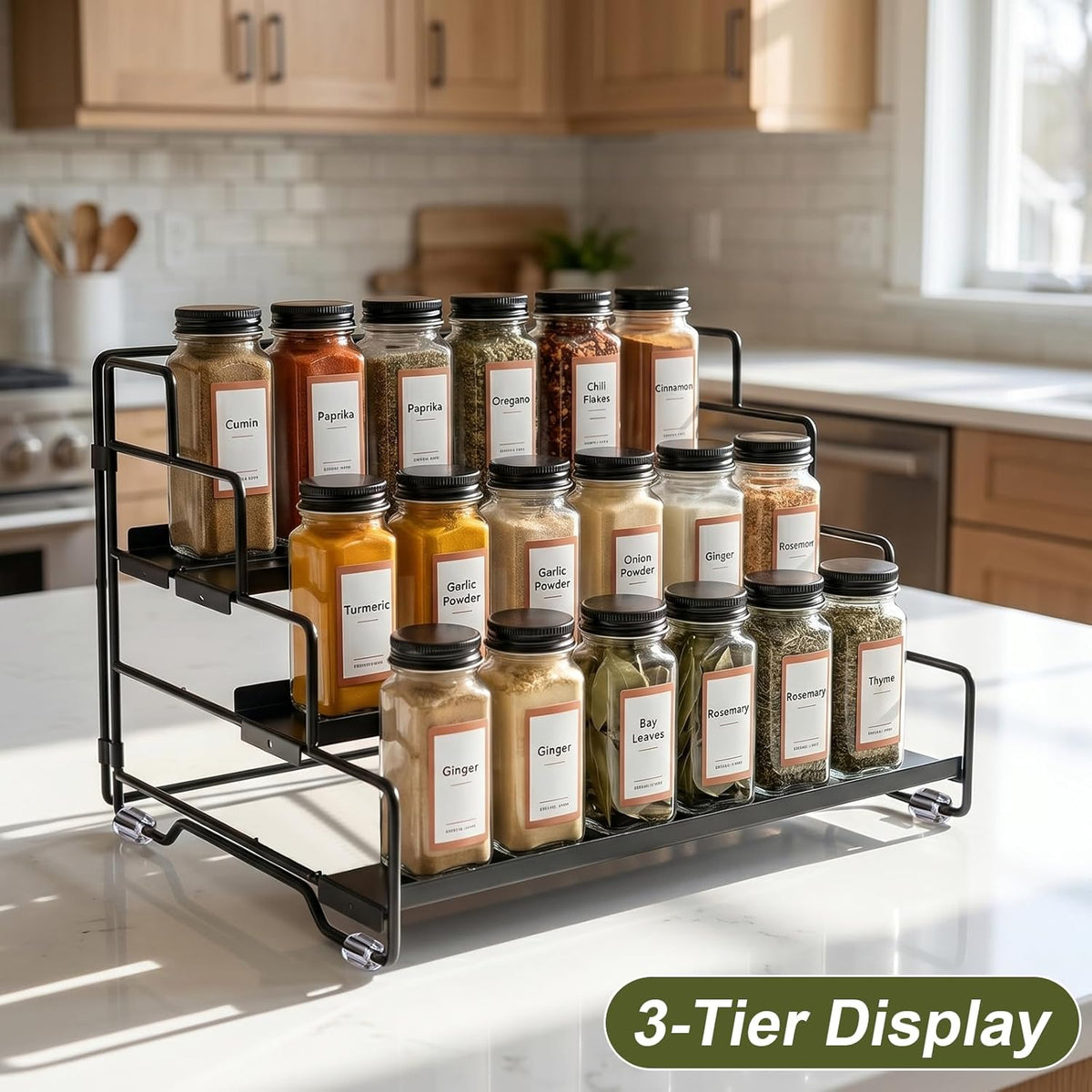 Spice Rack Organizer for Cabinet, Tiered Adjustable Spice Shelf Organization, Metal Seasoning Rack for Kitchen Countertop Cupboard Pantry, Raised Edge Anti-Slip Design for Jars and Bottles