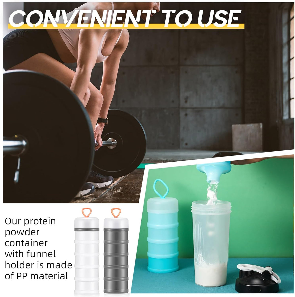 Baderke 4 Pcs Protein Powder Container 5 Layers Stackable Leakproof Container Powder Dispenser with Funnels Stand Keychain Flour Canister for Workout Fitness(Gray, White)