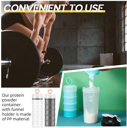 Baderke 4 Pcs Protein Powder Container 5 Layers Stackable Leakproof Container Powder Dispenser with Funnels Stand Keychain Flour Canister for Workout Fitness(Gray, White)