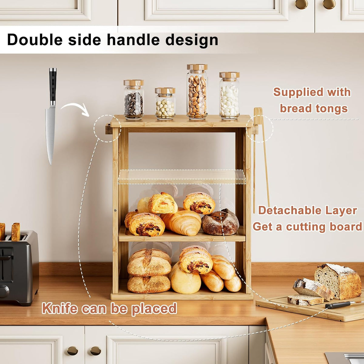 WOWLIVE Black Bread Box for Kitchen Countertop, Large 3 Layers Bread Storage Container for Homemade Bread with Window, Farmhouse Breadbox Organizer for Kitchen, Cabinet, Pantry (Black, Meduim)