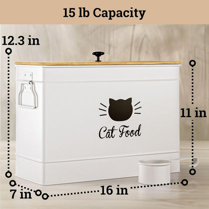 Cat Food Storage Container with Scoop - 15 lb (50 Cup) Capacity Metal Cat Food Container with Airtight Bamboo Lid & Metal Scoop - Airtight Pet Food Storage Containers - 15 lb Treats & Kibble Container