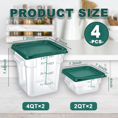 4 Pack 4QT Food Storage Containers with Green Lids, Clear Square Restaurant Commercial Food Storage Containers with Handle and Scale, Marinating Container Dough Rising Bucket for Home & Dining