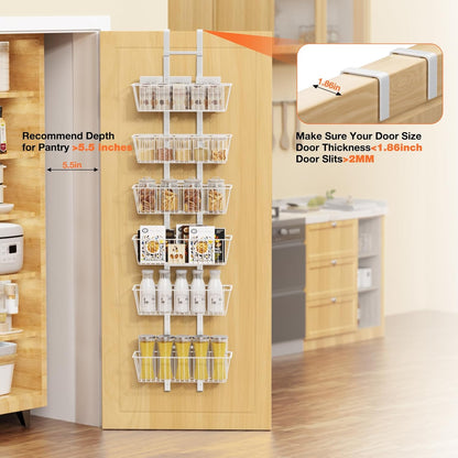 10 Tier Over the Door Pantry Organizer, Over the Door Spice Rack with Adjustable Baskets, Metal Hanging Door Pantry Organizers and Storage for Kitchen Bathroom Bedroom, White