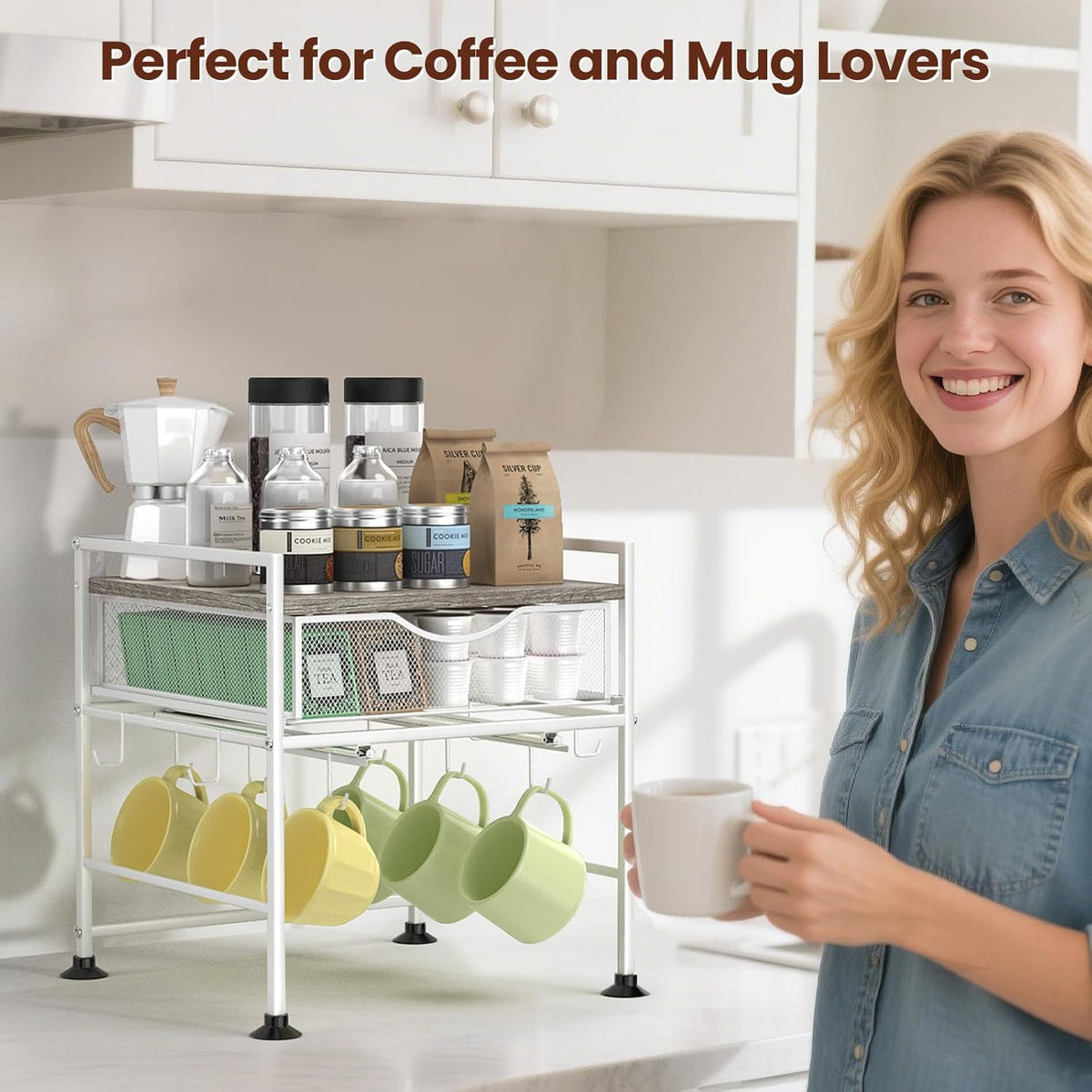 Coffee Bar Organizer Countertop, 2 Tier Mug Cup Holder Stand with 10 Hooks, 60 K Cup Coffee Pod Drawer with Mug Rack, Multifunctional Shelf Organizer for Kitchen, Grey