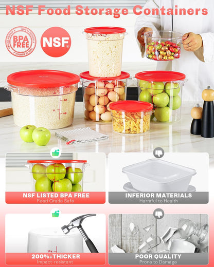 4QT NSF Food Storage Containers: 8 PCS [Food Grade][Hot&Cold Resistant] Commercial Clear Food Storage Containers with Lids for Restaurant Kitchen Proof Dough, Measuring Spoons Included(BPA FREE) - Colors B