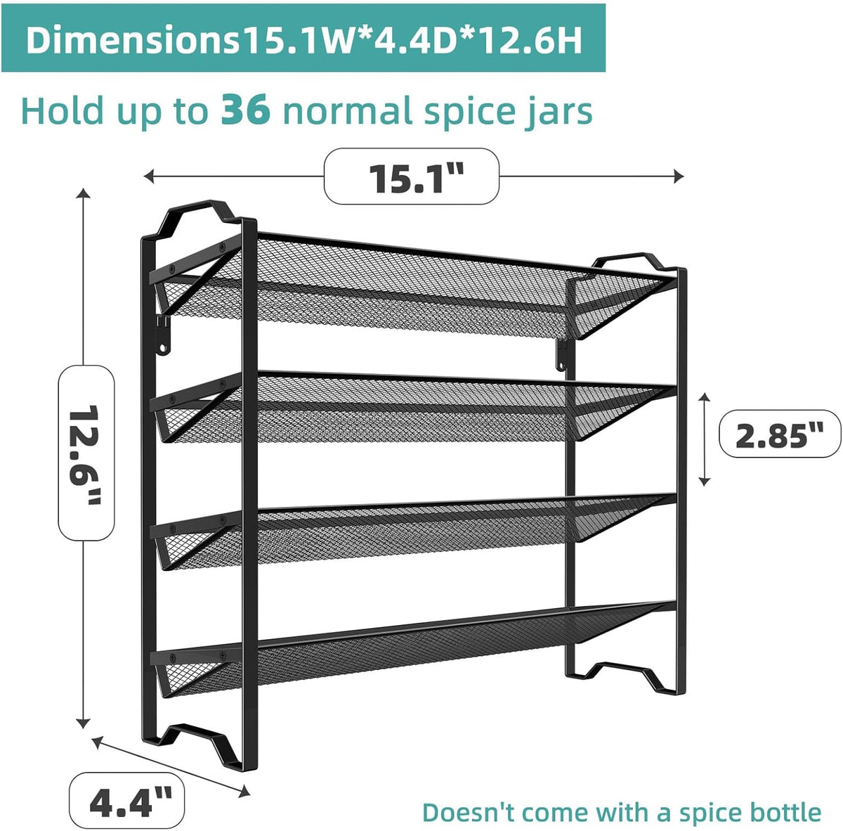 Simple Trending 4 Tier Spice Rack Organizer,Stackable Kitchen Counter Shelves,for Cabinet,Countertop,Pantry, Door or Wall Mount, Metal Mesh,Jars not Included, Black