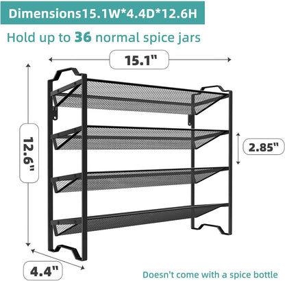 Simple Trending 4 Tier Spice Rack Organizer,Stackable Kitchen Counter Shelves,for Cabinet,Countertop,Pantry, Door or Wall Mount, Metal Mesh,Jars not Included, Black