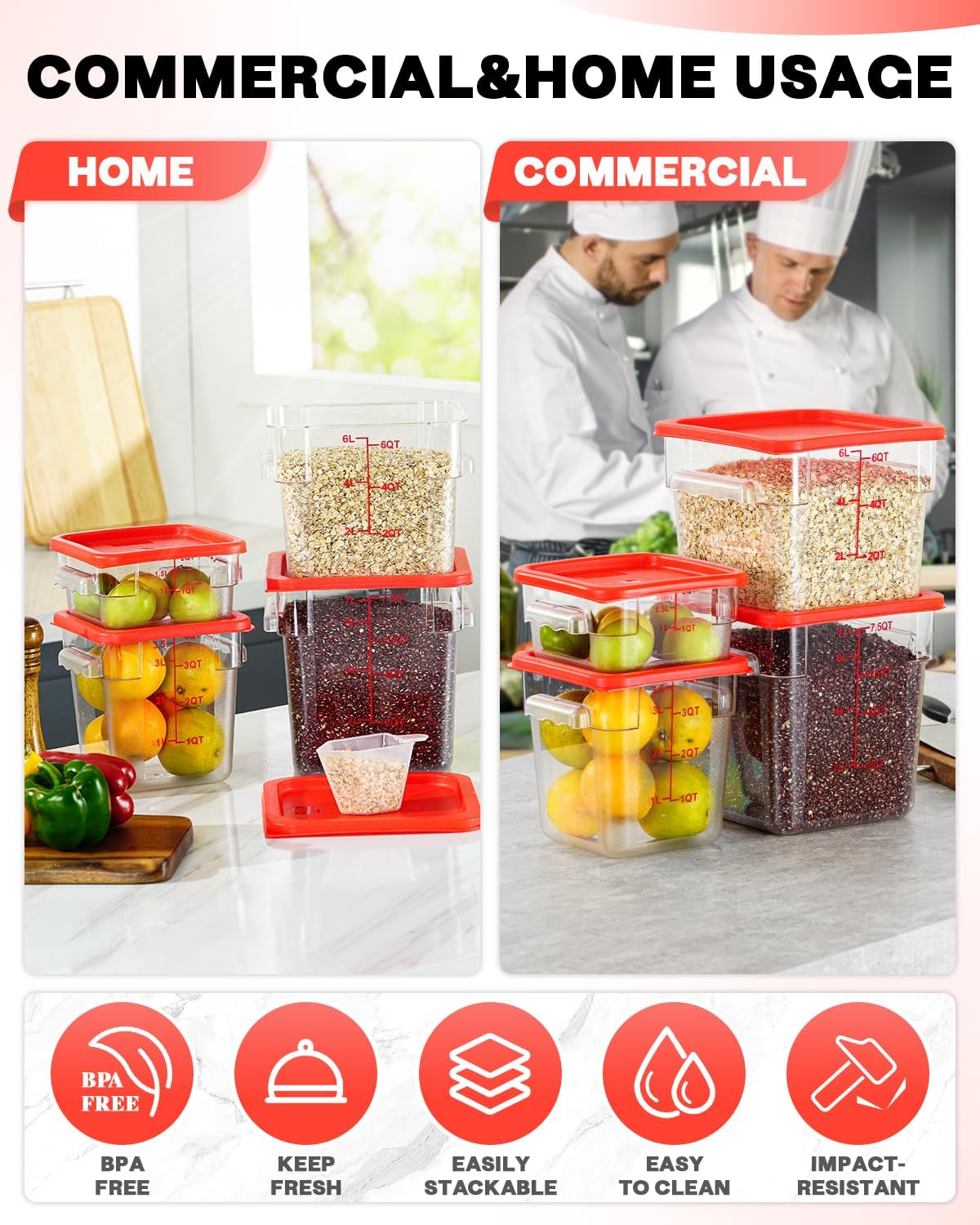 4QT NSF Food Storage Containers: 8 PCS [Food Grade][Hot&Cold Resistant] Commercial Clear Food Storage Containers with Lids for Restaurant Kitchen Proof Dough, Measuring Spoons Included(BPA FREE) - Colors A