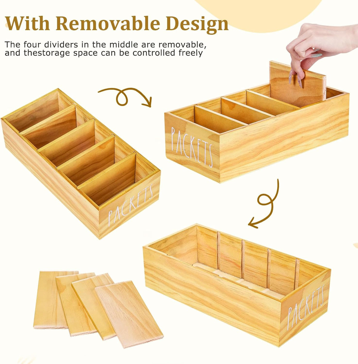 Seasoning Packet Organizer, Spice Packet Storage Organizer with 5 Compartments, Wooden Food Packet Organizer, Caddy Storage for Kitchen Pantry Cabinet, Modern Kitchen Organization Bins(Black)