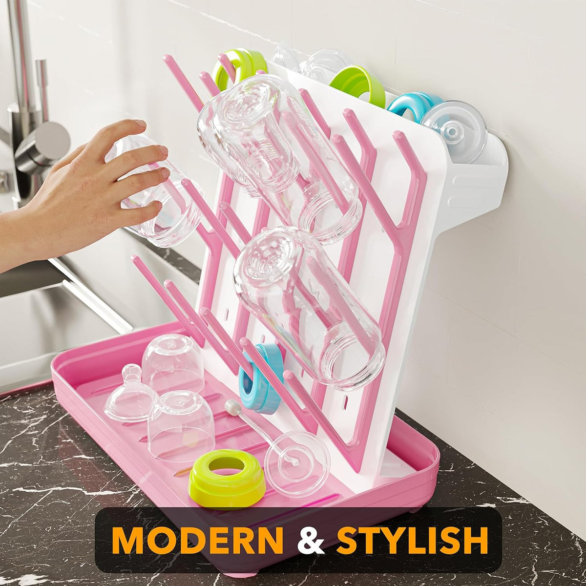 SpaceAid Baby Bottle Drying Rack with 20 Hooks, Space Saving Kitchen Bottles Rack Dryer, Vertical Baby Bottle Holder Organizer for Countertop Storage Accessories (White and Gray)