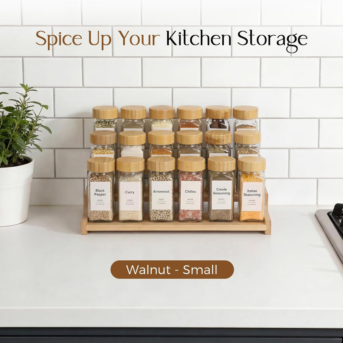 Spice Rack Organizer for Cabinet, 18in Bamboo Tiered Spice Rack，Used for Kitchen Countertops and Food Storage Room Organizer，Specially Designed for Jars and Spice Bottles(Bamboo, L)