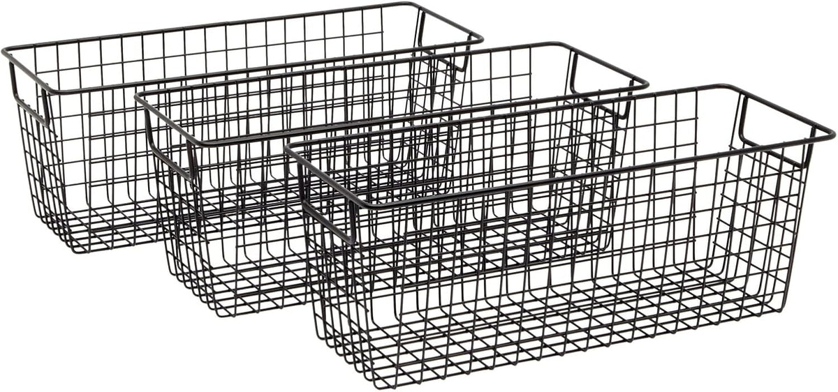 Farmlyn Creek Metal Wire Narrow Baskets - Rust-Resistant Pantry Organizer Storage - Sturdy Handles for Cabinet Organizer - Slim Profile for Narrow Storage - 3-Pack, 16 x 6 x 6 in, Black