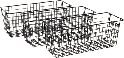 Farmlyn Creek Metal Wire Narrow Baskets - Rust-Resistant Pantry Organizer Storage - Sturdy Handles for Cabinet Organizer - Slim Profile for Narrow Storage - 3-Pack, 16 x 6 x 6 in, Black