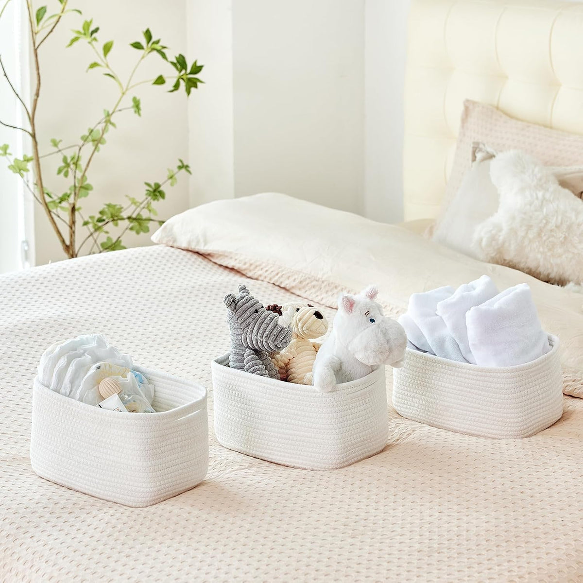 R RUNKA Small Cotton Rope Basket – Storage Bin for Organizing (10.6" x 6.7" x 6.7"), Bathroom Storage Basket for Shelf, Counter & Closet（Beige）