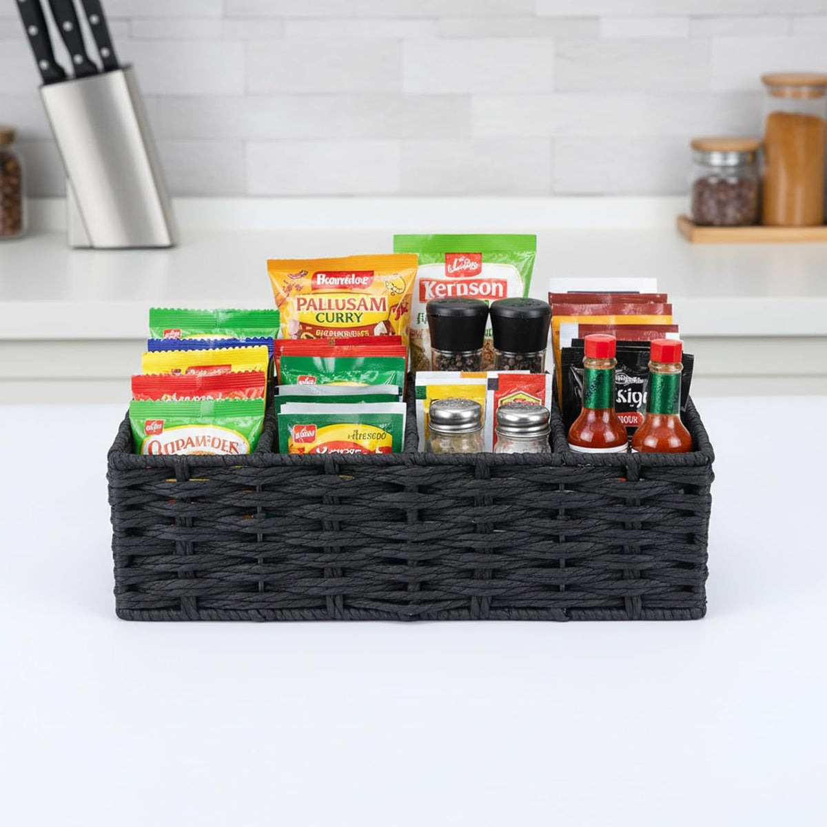 4-Compartment Seasoning Packet Organizer with Removable Dividers, Kitchen Packet Organizer for Spice, Gravy, Taco and Dressing Packets, Pantry Cabinet Countertop Storage Box