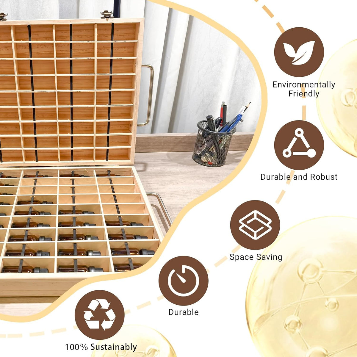 Pure Vie Essential Oil Bamboo Storage Box Travel Display Presentation, Holds 26 Bottles for 5, 10, 15ml - Aromatherapy Organizer Nail Polish Fragrance Container - Keep Your Oils Safe & Space Saver