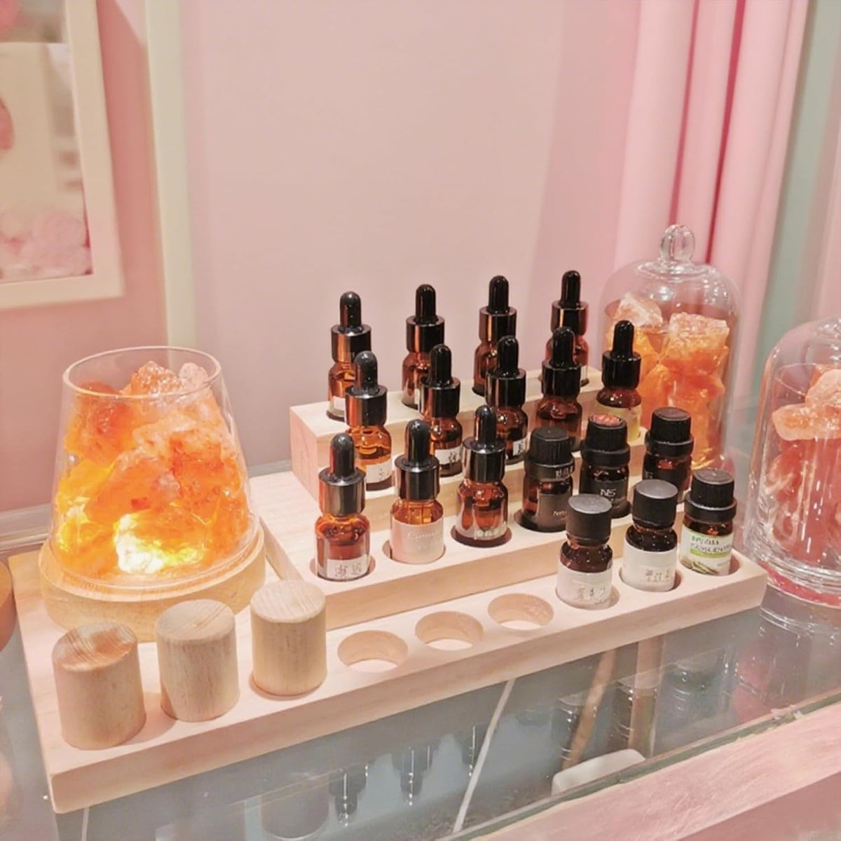 Essential Oil Display Stand 4 Tier Essential Oil Holder Solid Wood Essential Oil Rack for 24 Bottles Tabletop Display Holder Bottle Organizer for 5-20ml Bottles Display for Essential Oils