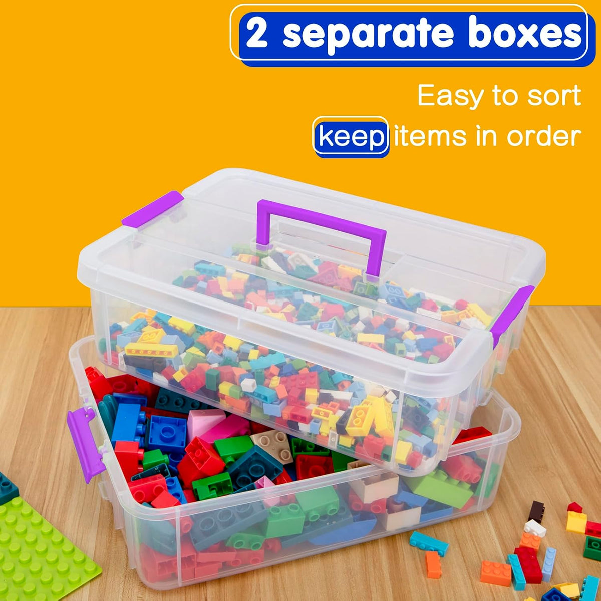 TERGOO 2 Layer Plastic Storage Containers with Lids, Multipurpose Clear Stack & Carry Box, Portable Craft Organizers and Storage Bin for Organizing Art & Craft, Sewing, Makeup, Nail Supplies (Blue)