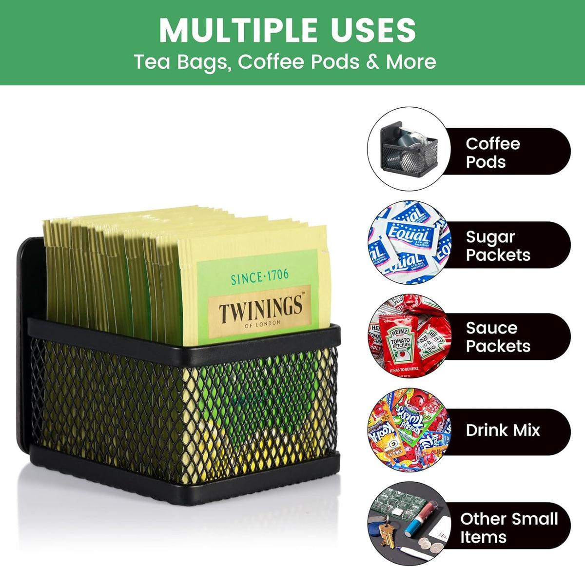 Magnetic Tea Bag Organizer - 6-Piece Metal Tea Organizer for Refrigerator, Kitchen Shelf and Counter, Stylish & Space Saving Tea Organizers and Storage