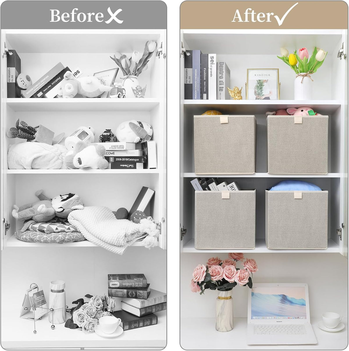 Storage Baskets, 11-Inch Woven Fabric Bins, Storage Cubes with Reinforced Handles, Organizer Bins for Closet Shelves, Foldable, for Toys, Clothes, Natural Beige (3PCS/Beige-11*11*7.8inch)