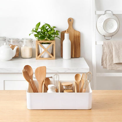 2 Pack Seasoning Packet Organizer Food Storage Organizer & 3 Bamboo Wood Removable Dividers Plastic Bins Caddy for Spice Snacks Pouches Spice Organization for Cabinet Kitchen(White)