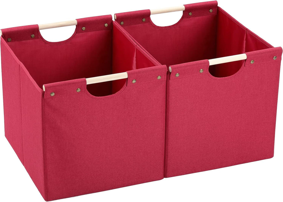HOONEX Large Collapsible Storage Bins, Linen Fabric, Pack of 2, Storage Baskets with Wooden Carry Handles and Sturdy Heavy Cardboard, for Home, Office, Car, Nursery, Black