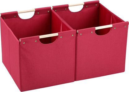 HOONEX Large Collapsible Storage Bins, Linen Fabric, Pack of 2, Storage Baskets with Wooden Carry Handles and Sturdy Heavy Cardboard, for Home, Office, Car, Nursery, Black