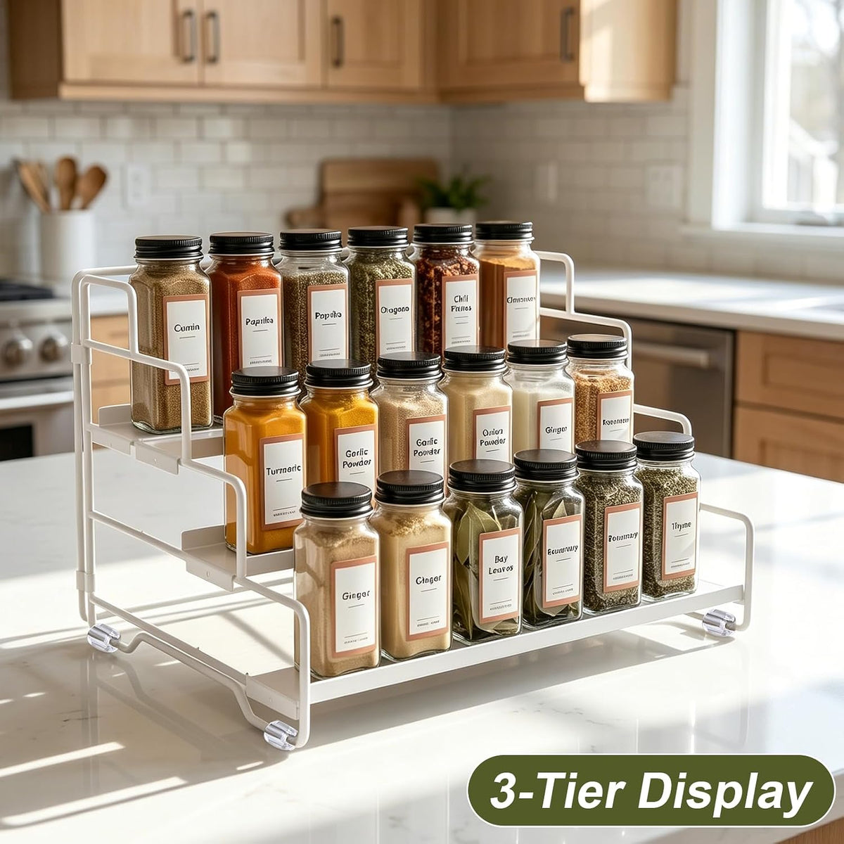 Spice Rack Organizer for Cabinet, Tiered Adjustable Spice Shelf Organization, Metal Seasoning Rack for Kitchen Countertop Cupboard Pantry, Raised Edge Anti-Slip Design for Jars and Bottles