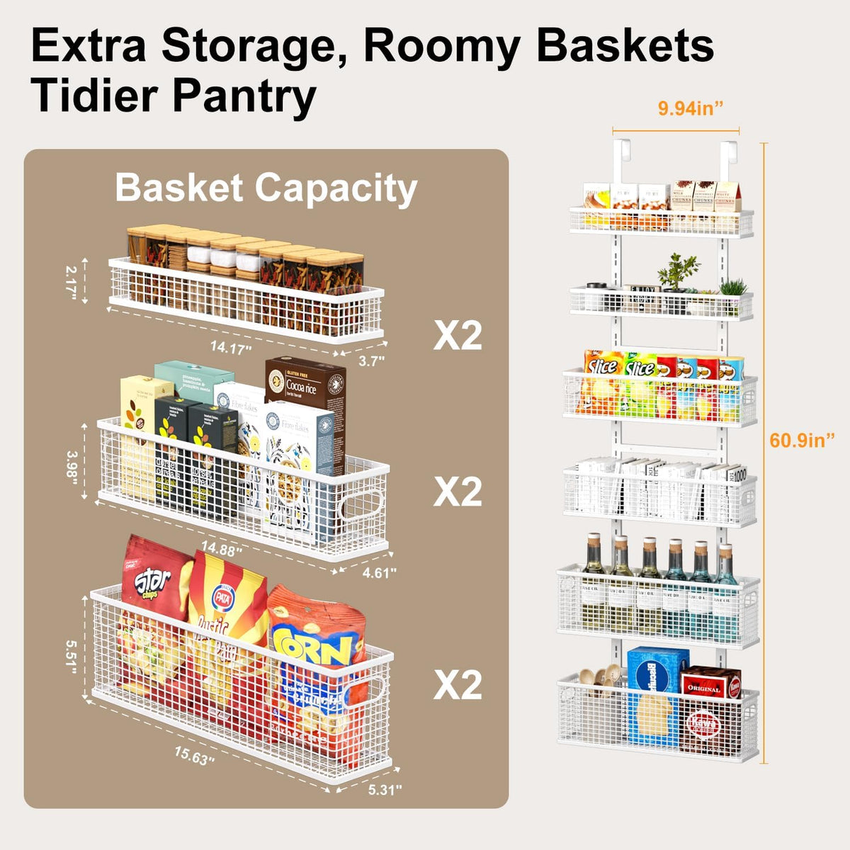 Bunoxea 6-Tier Over The Door Pantry Organizer,Hanging Spice Rack,Over Door Adjustable Basket with Handle,Pantry Organization And Storage, Laundry Room,Bathroom,Large Capacity,D5.3xW15.7xH60.9in