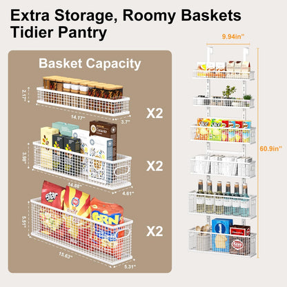 Bunoxea 6-Tier Over The Door Pantry Organizer,Hanging Spice Rack,Over Door Adjustable Basket with Handle,Pantry Organization And Storage, Laundry Room,Bathroom,Large Capacity,D5.3xW15.7xH60.9in