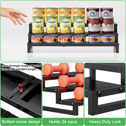 Dmevkic 3-Tier Expandable Can Organizer for Pantry,Adjustable 15''-25'' Metal Can Organizer Holds Up to 24 Cans,Can Holder for Pantry Kitchen Cabinet Countertop,Black