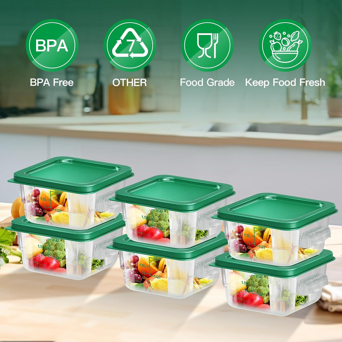 4 pcs 4qt Food Storage Containers with Lid, Square Clear Commercial Food Storage Containers with Handle and Scale for Food Storage in Home Kitchen & Dining (Green)