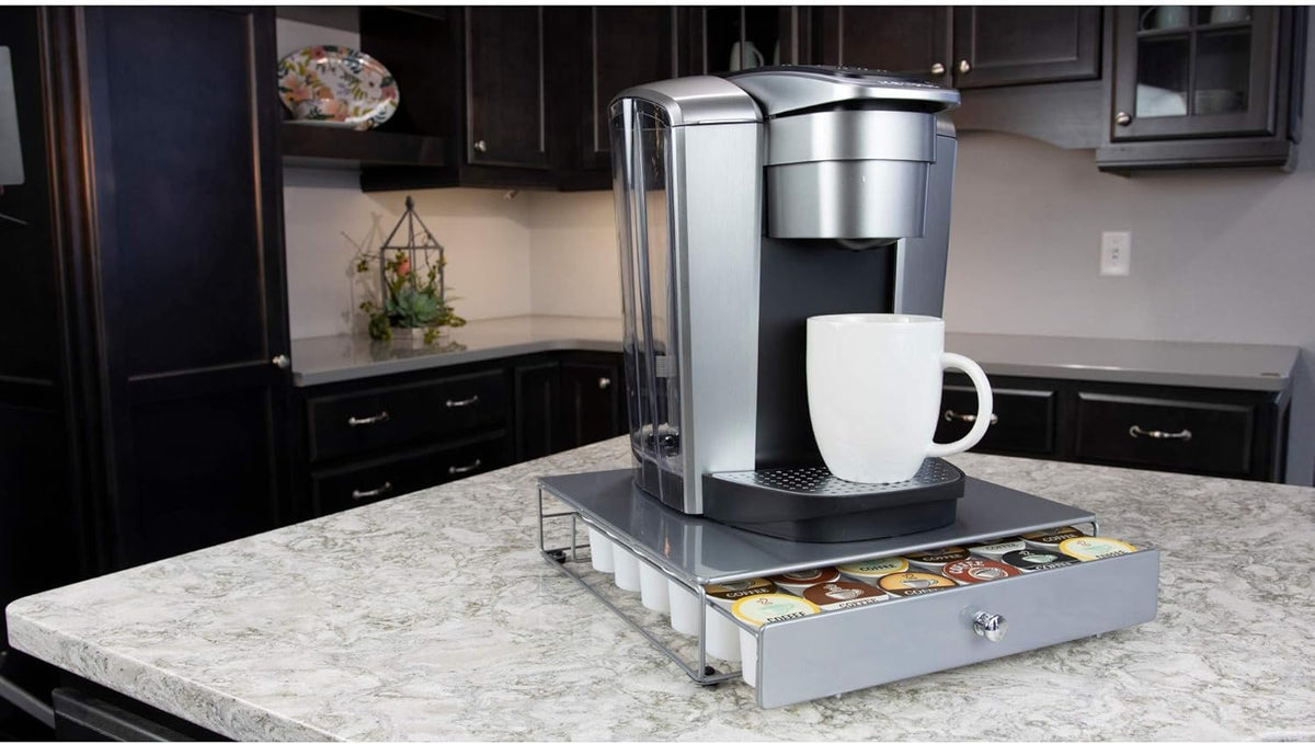 Nifty Coffee Pod Drawer – Compatible with K-Cups, 36 Pod Pack Holder, Non-Rolling, Compact Under Coffee Pot Storage Sliding Drawer, Home Kitchen Counter Organizer, Black
